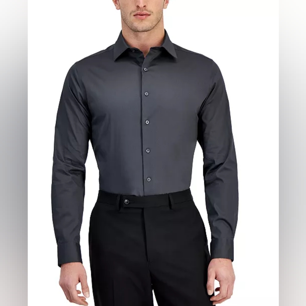 Alfani Mens Slim-Fit Wrinkle Resistant Moisture Wicking Dress Shirt Black Oyster
